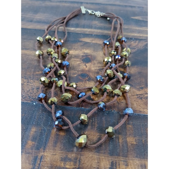 Macys Necklace & Earring Set, Leather Cord Multiple Strands, Beaded Gold & Brown - Picture 7 of 7